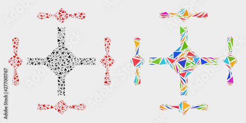 Quadcopter collage icon of triangle items which have various sizes and shapes and colors. Geometric abstract vector illustration of quadcopter.