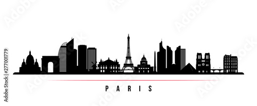 Paris city skyline horizontal banner. Black and white silhouette of Paris city, France. Vector template for your design.