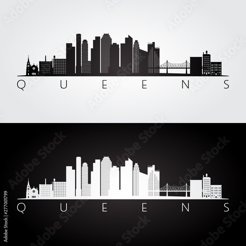 Queens, New York USA skyline and landmarks silhouette, black and white design, vector illustration.