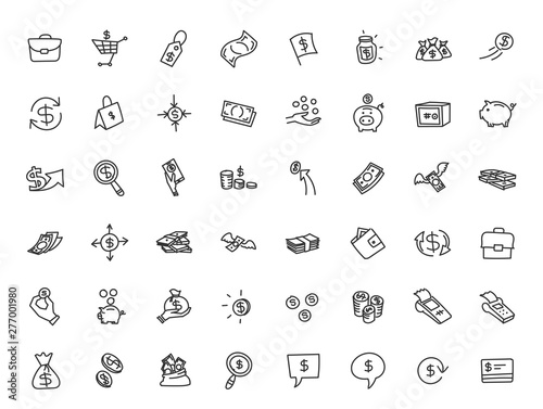 Money and finance. Set of icons. Drawn by hand. Line style hand drawn sketched. Outline contour vector illustration.