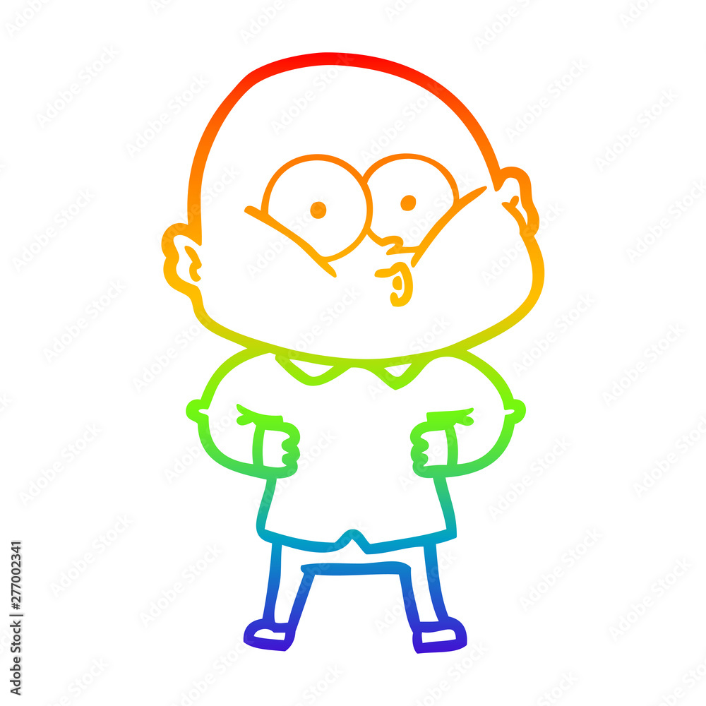 rainbow gradient line drawing cartoon bald man staring