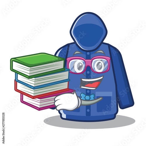 Student with book raincoat behind in the character door