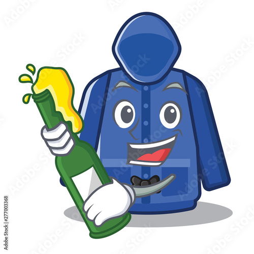 With beer raincoat behind in the character door