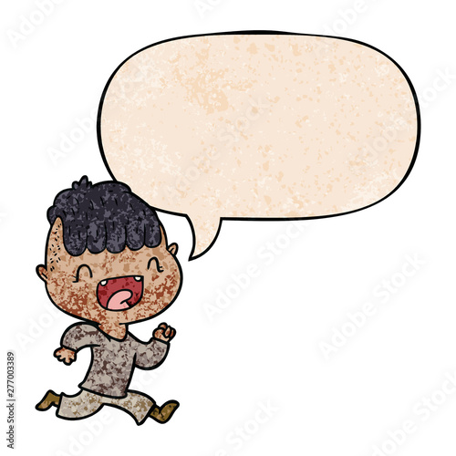 cartoon happy boy laughing and running away and speech bubble in retro texture style