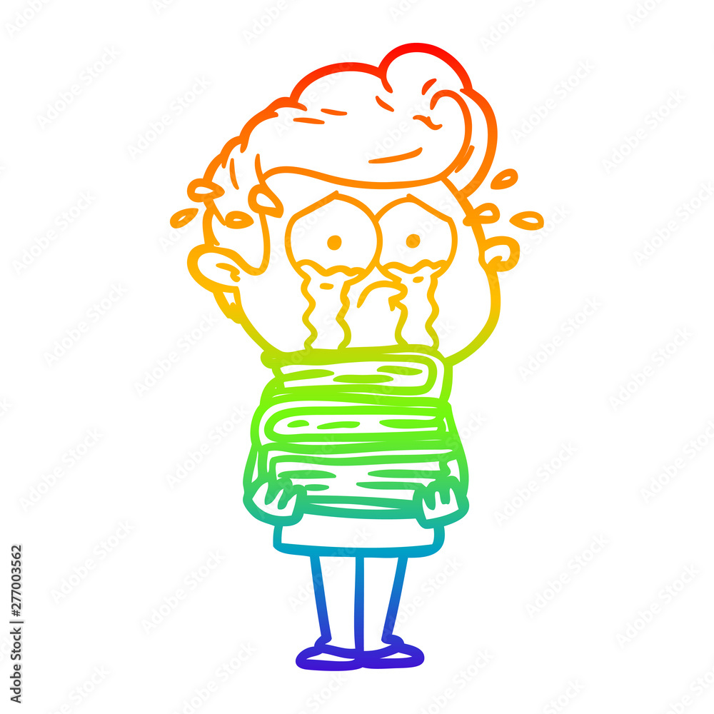 rainbow gradient line drawing cartoon crying student with stack of books  Stock Vector | Adobe Stock