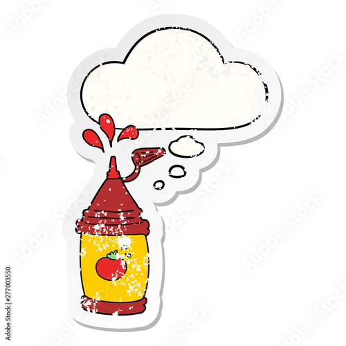 cartoon ketchup bottle and thought bubble as a distressed worn sticker
