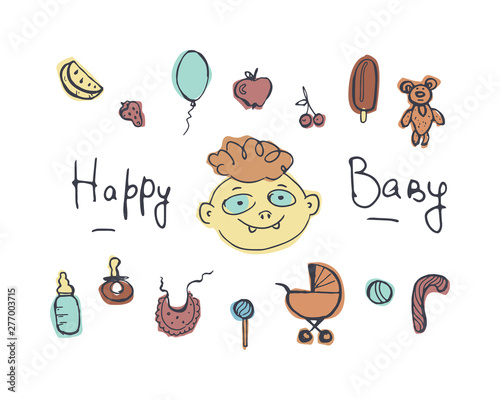Baby set hand drawn doodle icons.  Vector color isolated illustration.