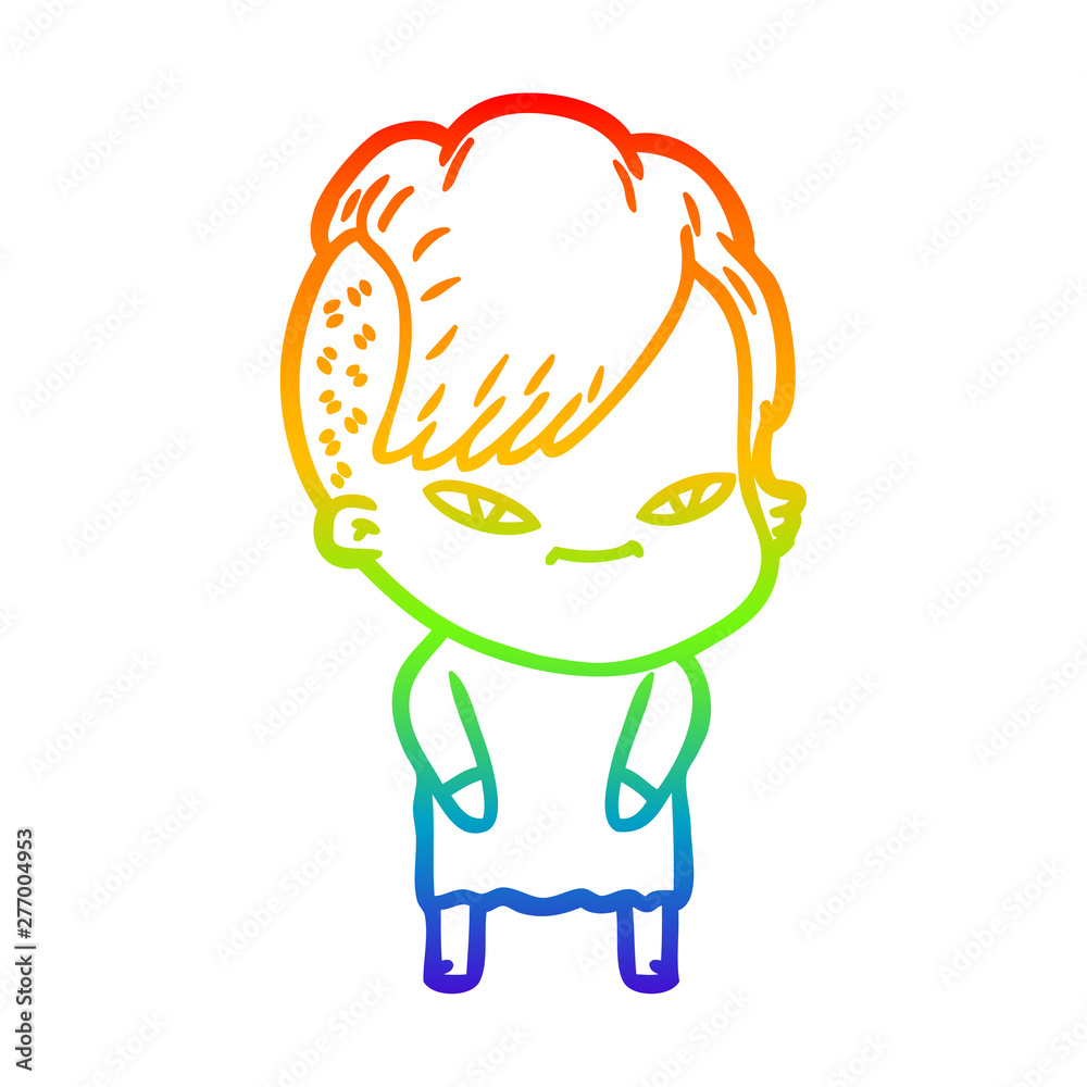 rainbow gradient line drawing cute cartoon girl with hipster haircut