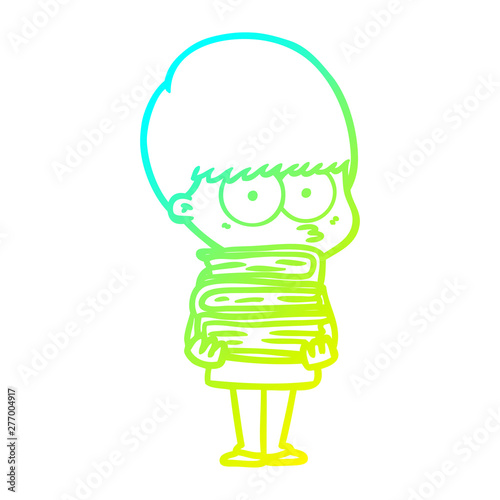 cold gradient line drawing nervous cartoon boy carrying books