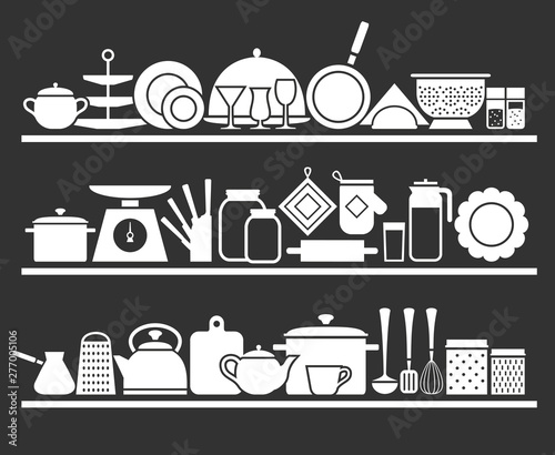 Kitchen shelves with utensils for cooking