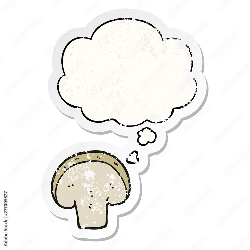 cartoon mushroom slice and thought bubble as a distressed worn sticker