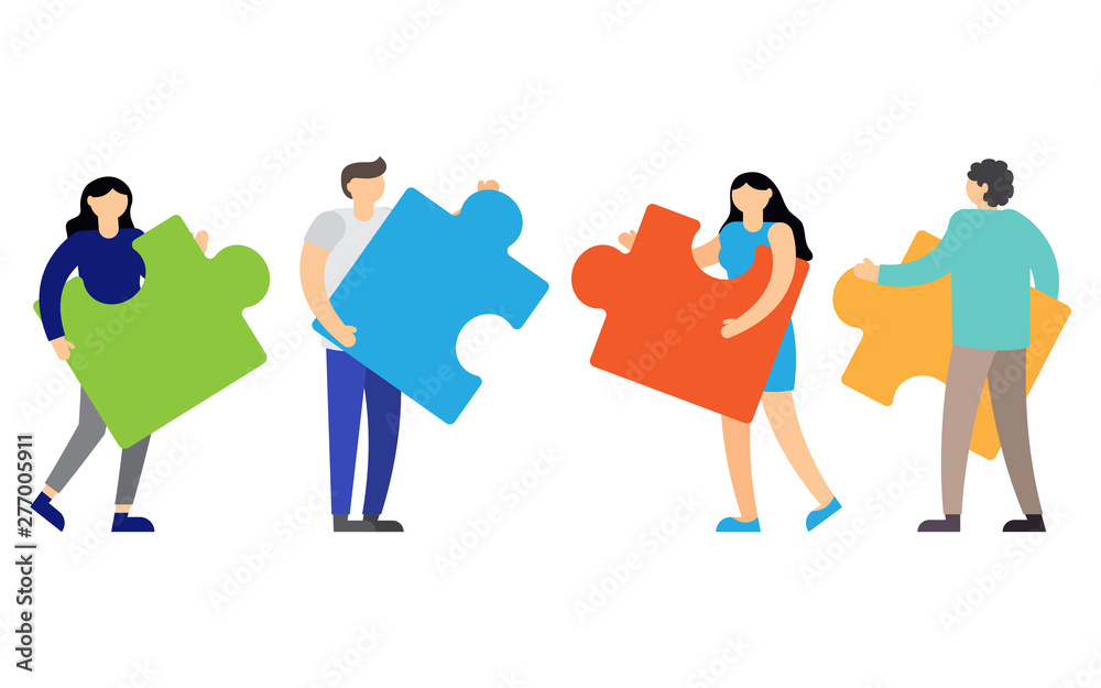 People connecting puzzle elements. Vector illustration.
