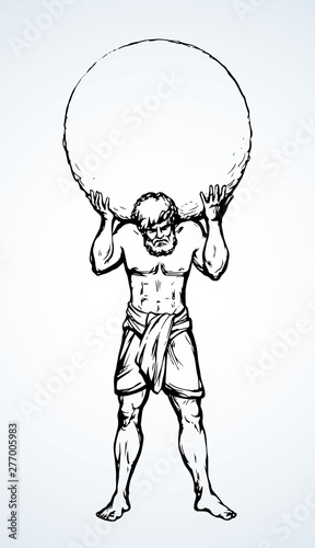 Atlas keeps the earth on their shoulders. Vector drawing silhouette
