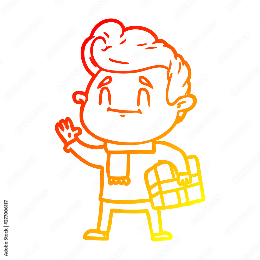 warm gradient line drawing happy cartoon man with gift