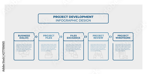 Project Development infographic design. Timeline with 5 steps, options, squares. Vector template