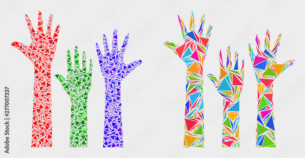Voting hands up mosaic icon of triangle elements which have various sizes and shapes and colors. Geometric abstract vector illustration of voting hands up. Voting hands up mosaic icon of triangle elements which have various sizes and shapes and colors. Geometric abstract vector illustration of voting hands up.