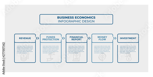 Business Economics infographic design. Timeline with 5 steps, options, squares. Vector template