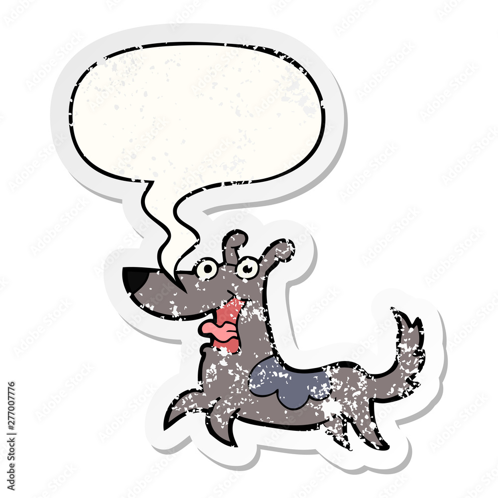 Fototapeta premium happy dog cartoon and speech bubble distressed sticker