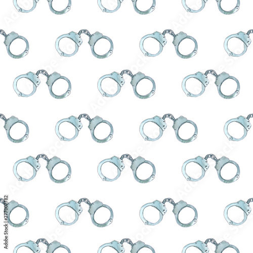 Crime and Law Concept. Metal Handcuffs. Watercolor illustration, iron handcuffs of policemen, set for adult games