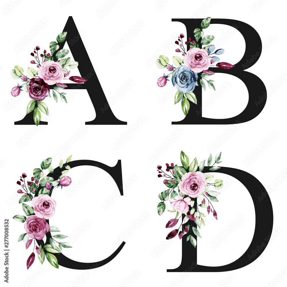 Floral alphabet, letters A, B, C, D with watercolor flowers roses and