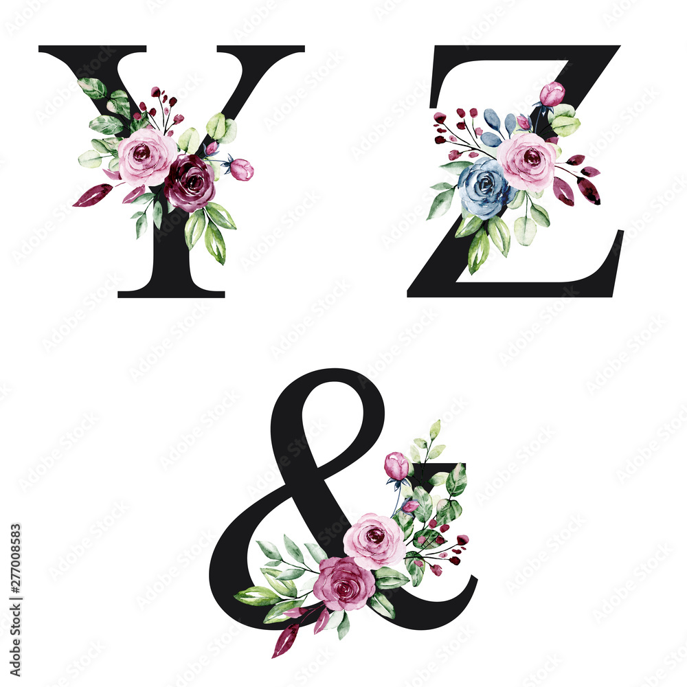 Floral alphabet, letters Y, Z, & with watercolor flowers roses and