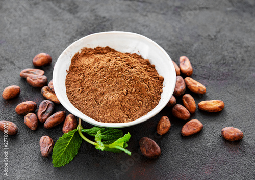 Bowl with Cocoa powder and beans