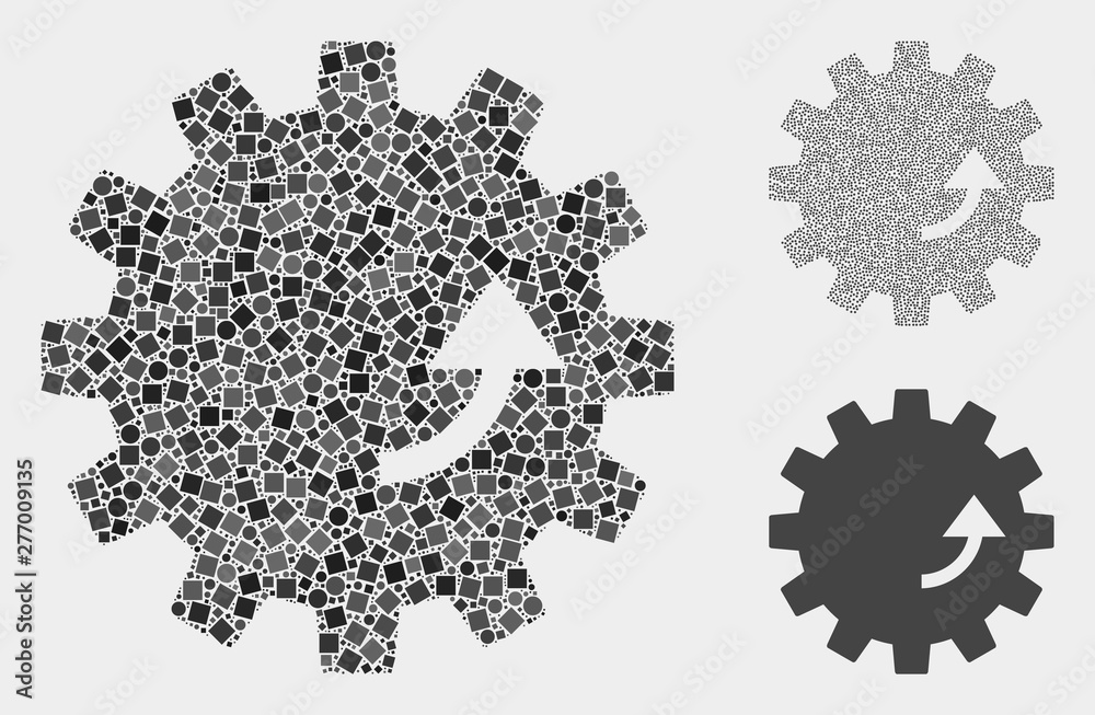 Collage Gear rotation icon organized from round and square items in random sizes, positions and proportions. Vector round and square items are combined into abstract composition gear rotation icons. Collage Gear rotation icon organized from round and square items in random sizes, positions and proportions. Vector round and square items are combined into abstract composition gear rotation icons.
