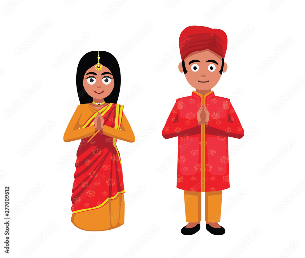Indian Couple Namaste Cute Cartoon Vector Illustration Stock Vector | Adobe  Stock