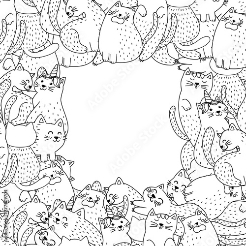 Black and white frame with cute cats. Background for lettering in coloring page style