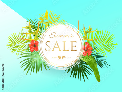 Green summer tropical background with exotic palm leaves and hibiscus flowers. Vector floral background. Sale banner or flyer template.