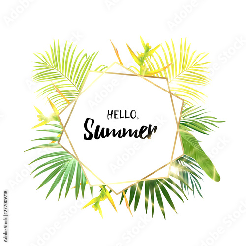 Green summer tropical background with exotic palm leaves and bird of paradise flowers. Vector floral background.