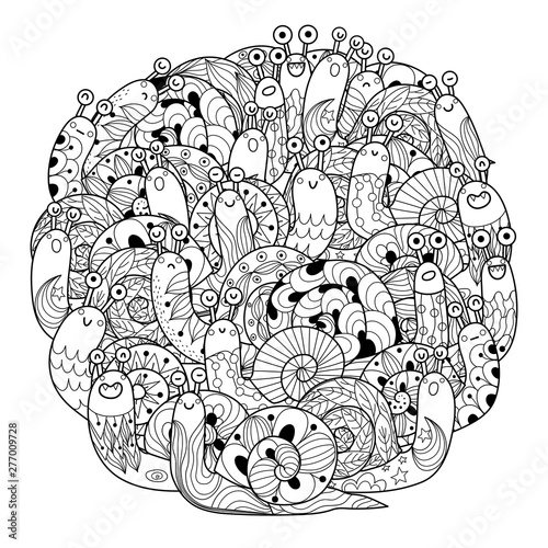 Funny snails circle shape coloring page for adults and kids