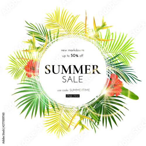 Green summer tropical background with exotic palm leaves and hibiscus flowers. Vector floral background. Sale banner or flyer template.