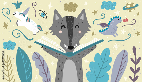 Banner with a cute wolf reading a fairytale