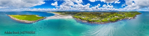 Aerial view of the awarded Narin Beach by Portnoo and Inishkeel Island in County Donegal, Ireland