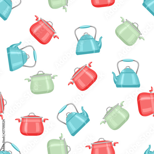 Kettles and pots seamless pattern on white background. Vector color illustration of kitchen utensils in cartoon flat style.