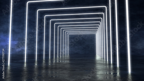 Fototapeta Naklejka Na Ścianę i Meble -  Empty dark abstract modern concrete interior. Abstract background, square portal, glowing lines, tunnel, neon lights. 3D illustration. 3D rendering.