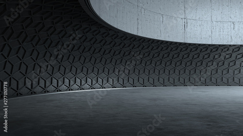 Empty dark modern architecture interior. Car backplate. 3D illustration. 3D rendering.