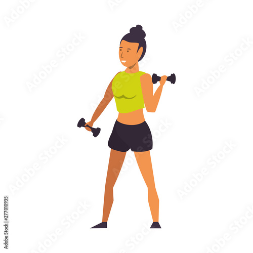 Fitness woman lifting dumbbells isolated cartoon
