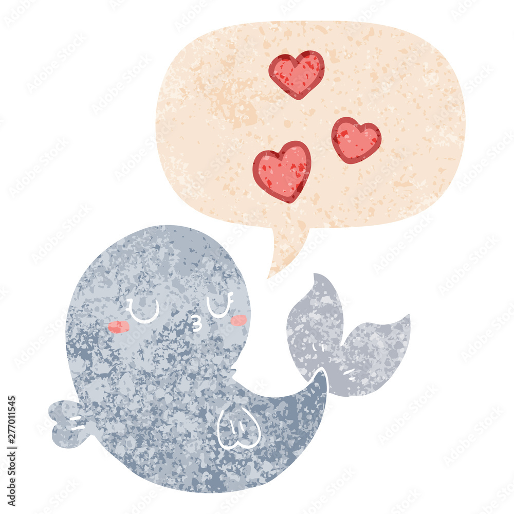 cute cartoon whale in love and speech bubble in retro textured style cute cartoon whale in love and speech bubble in retro textured style