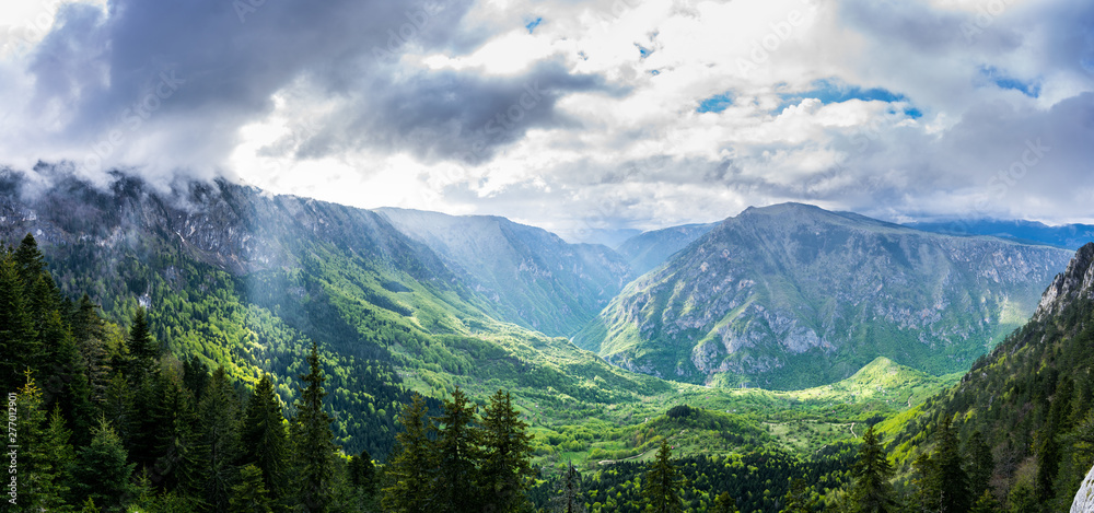 Montenegro, XXL nature panorama of spectacular tara river canyon landscape, the second largest canyon in the world from mount curevac in durmitor national park near zabljak