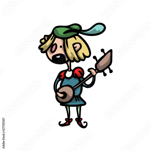 Cute and funny medieval musician with guitar, green beret