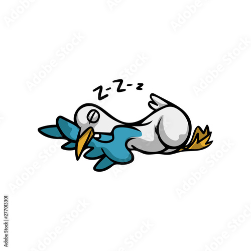 Cute tired seagull bird is sleeping on soft pillow
