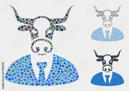 Mosaic Cow boss icon united from spheric and square elements in random sizes, positions and proportions. Vector spheric and square dots are arranged into abstract mosaic cow boss icons.