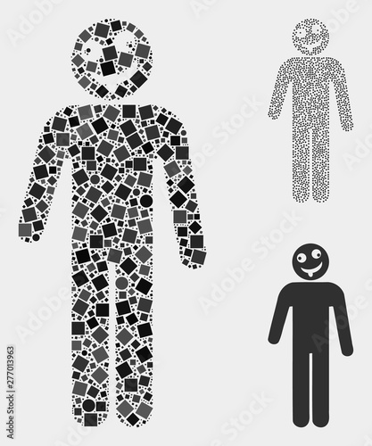 Mosaic Idiot person icon designed from circle and square items in random sizes, positions and proportions. Vector spheric and square parts are composed into abstract mosaic idiot person icons.