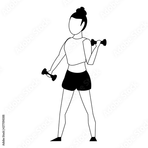 Fitness woman lifting dumbbells isolated cartoon in black and white