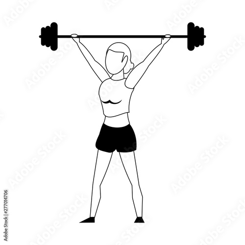 Fitness woman lifting weights isolated cartoon in black and white