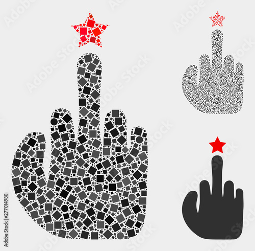 Collage Rude finger gesture icon composed of round and square elements in various sizes, positions and proportions.