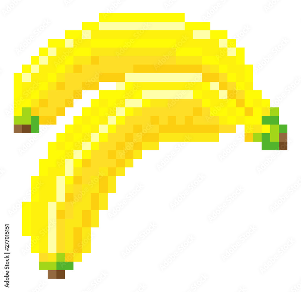 A banana pixel art 8 bit video game style fruit icon