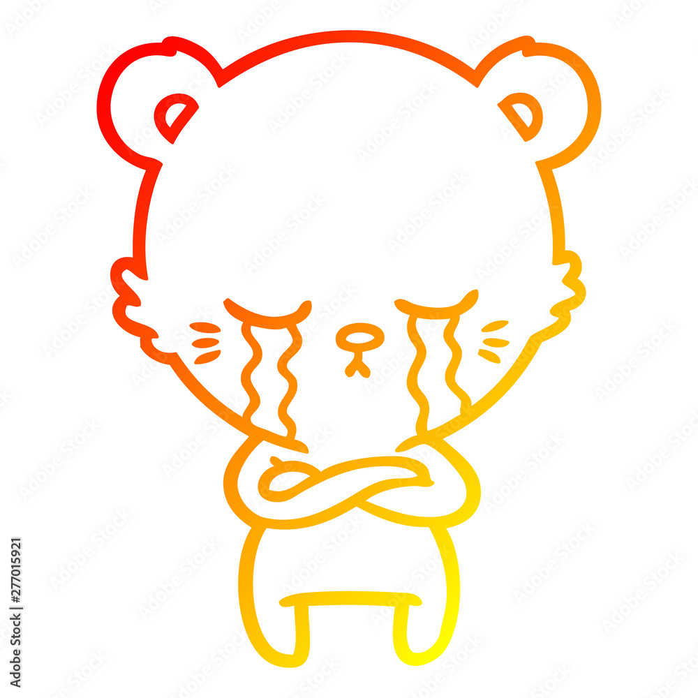 warm gradient line drawing crying cartoon bear with folded arms